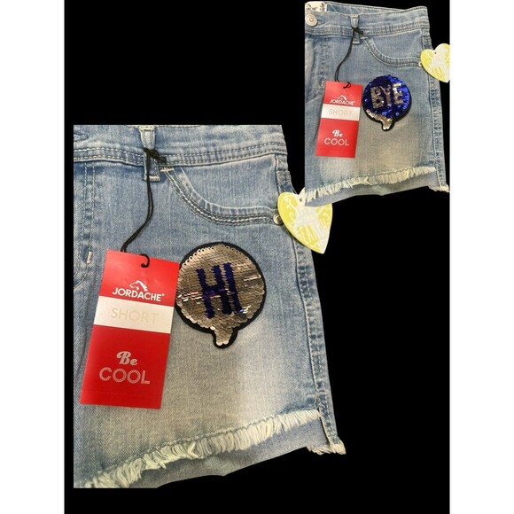 NWT Jordache Flip Sequin “Hi/Bye” Girls Sequin Denim Shorts Lightwash Waist 16 - Picture 2 of 7
